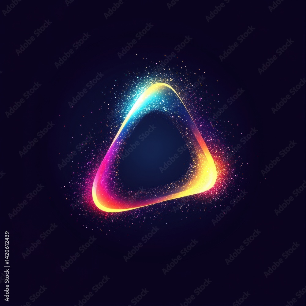 Poster abstract glowing triangle with colorful light trails and sparkling particles on dark background for 