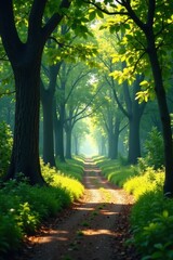 Obraz premium Sun-dappled forest path splits at ancient crossroads , trail, nature