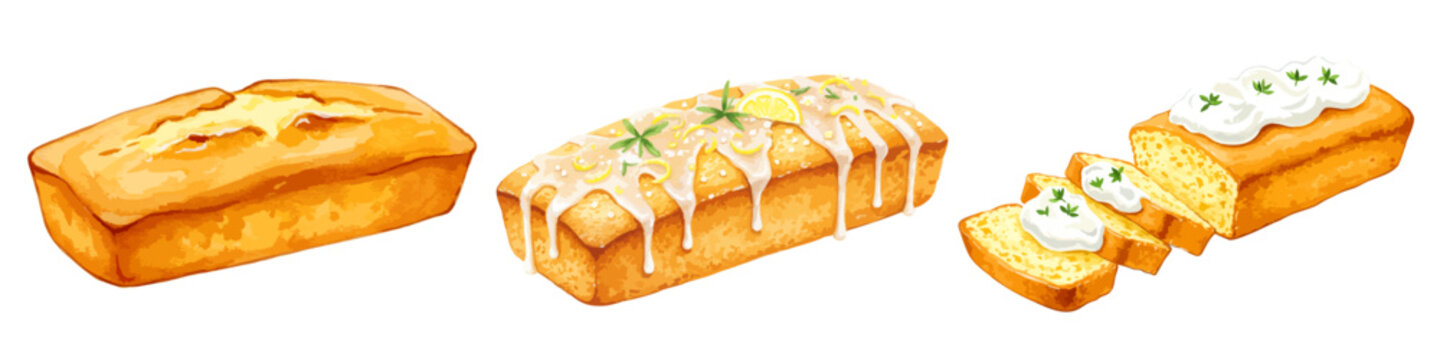 パウンドケーキの水彩風イラストセット ホイップ生クリームのスイーツ 