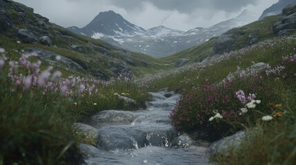 Alpine valley creek cascading through wildflowers under a moody sky.