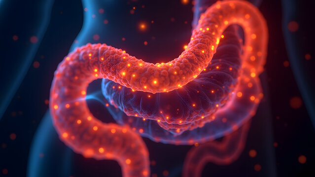 A mesenteric tumor mass glowing orange/blue with fibrotic strands. Perfect for neuroendocrine oncology.