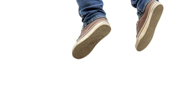 Suspended Soles: Captured from a downward perspective, the photo captures a pair of casual, worn sneakers suspended mid-air. The image exudes a sense of freedom, relaxation, and casual living. - Powered by Adobe