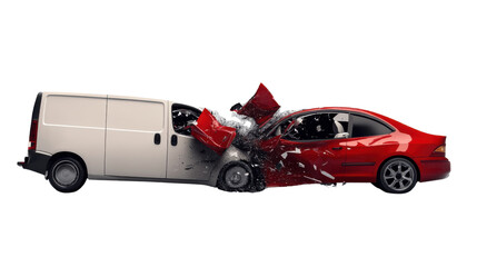 Fototapeta premium Car and Van Collision: A dramatic scene unfolds as a car and van collide, with crumpled metal and shattered glass, emphasizing the impact and destructive power of the crash.