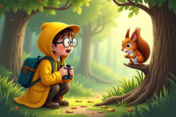 Fototapeta premium Young boy in yellow raincoat observes squirrel in forest setting during sunny afternoon