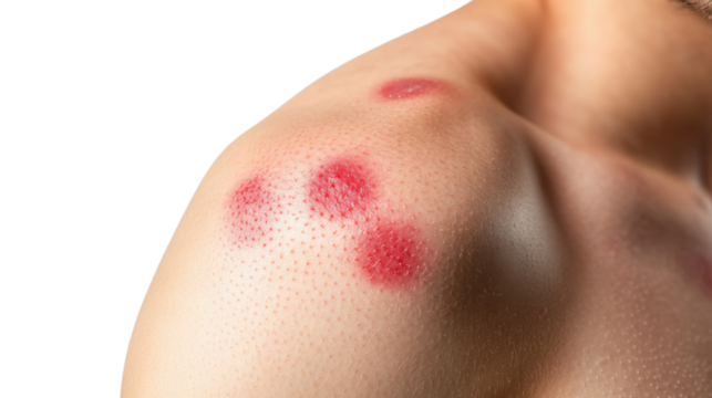Skin Condition: The intimate focus on the reddened marks on the skin, where the human body reveals a visible manifestation of ailment and discomfort.