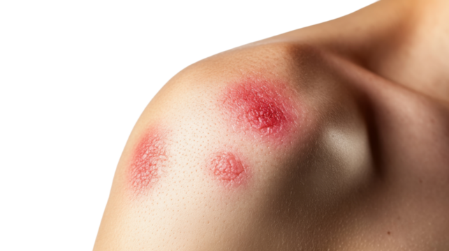 Skin Irritation: A close-up captures a shoulder affected by a skin irritation, highlighting the redness and inflammation of the condition.