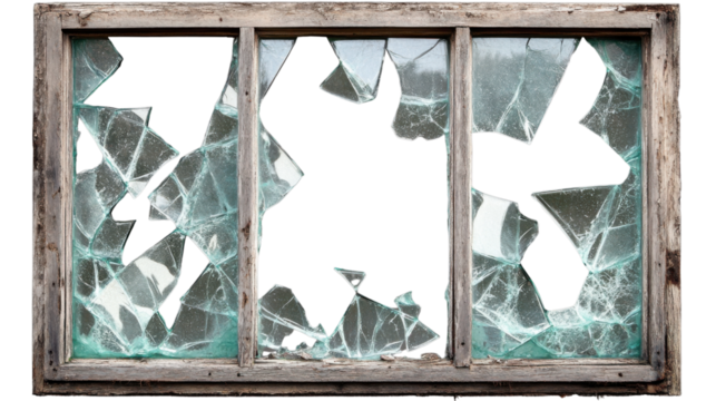 Shattered Dreams: An aged wooden window frame encloses a mosaic of broken glass, presenting a powerful visual narrative of shattered perspectives.
