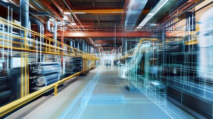 Obraz premium A factory with a lot of machinery and wires. The image is blurry and has a sense of motion 