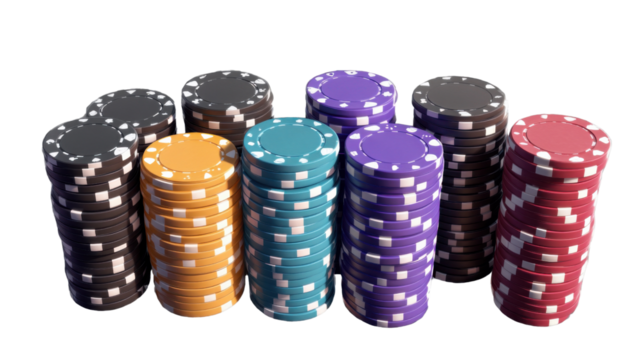 Poker Chips in Focus: A vibrant array of poker chips, stacked meticulously, create a compelling visual of anticipation and strategy, hinting at high stakes and calculated risks.