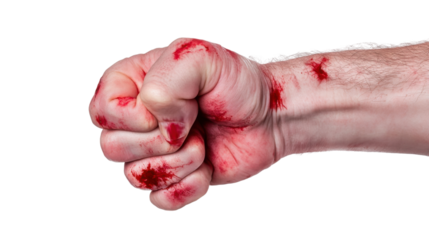 Bloody Fist: A close-up shot of a fist covered in blood, suggesting violence, injury, or struggle. The image is stark and visceral.