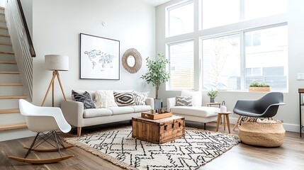 Modern living room with neutral colors, wood accents, and natural light