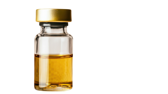 Vaccine Vial: A close-up view of a vaccine vial, a symbol of healthcare and medical innovation, its amber-colored contents reflecting light within the sterile glass container.
