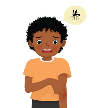 Little African boy scratching his itchy hand skin rash and swelling redness spot allergy from mosquitoes insects bites