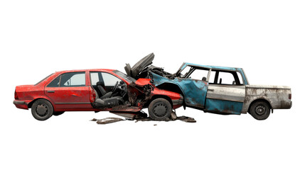 Car Crash Aftermath: Two severely damaged vehicles, a red sedan and a blue pickup truck, locked in a collision, showcasing the destructive force of an accident.