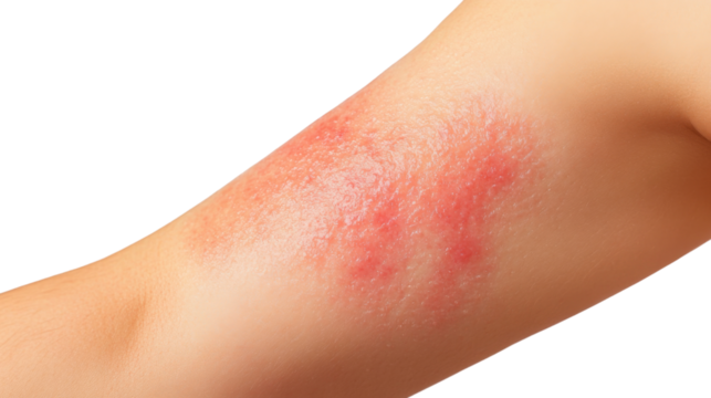 Skin Condition on the Arm: a medical image showcasing a patch of skin with evident signs of an adverse skin condition. A visual illustration, highlighting the effects of redness and irritation.