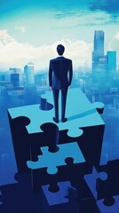 Obraz premium Businessman Standing on Giant Puzzle Piece Overlooking Cityscape, Conceptual Business Strategy and Vision Illustration