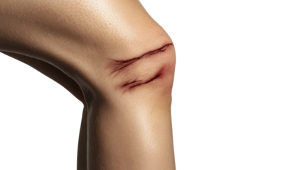 Open Wound on the Knee: A stark image of a deep, open wound on a human knee, conveying the rawness and vulnerability of a physical injury. The sharp contrast highlights the trauma.
