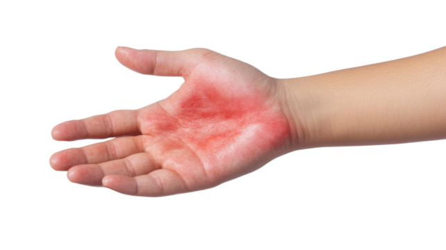 Burn Injury on Palm: This photo captures a close-up view of a hand afflicted with a severe burn, revealing the redness and damage caused by the injury.