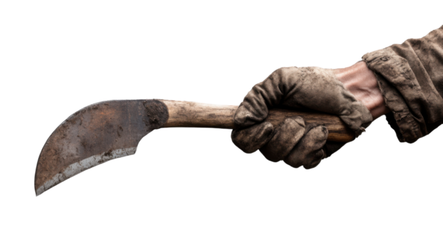 Held Tool: The close-up showcases a hand, enveloped in a worn glove, firmly gripping a vintage hand tool.