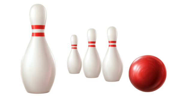 Bowling Pins and Ball: A classic bowling scene featuring a red ball and a set of white pins with red stripes, poised for a strike. 