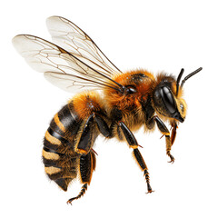 Detailed 3D rendering of a honeybee in flight with transparent wings and fuzzy striped body on a clear background, symbolizing nature and pollination.

