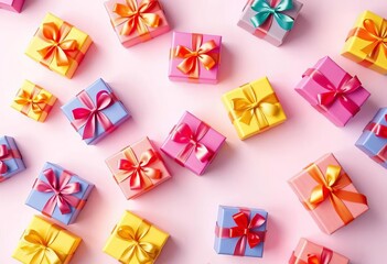 Soft pastel background with a repeating pattern of colorful gift boxes tied with ribbons, background, graphic