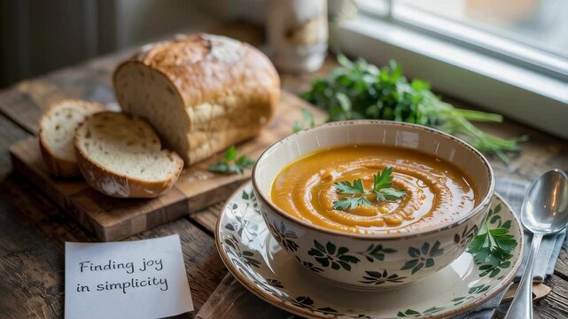 Bowl of smooth pumpkin soup topped with parsley, placed on a rustic wooden table alongside sliced bread and fresh herbs. A note reads "Finding joy in simplicity," adding a cozy, reflective touch.