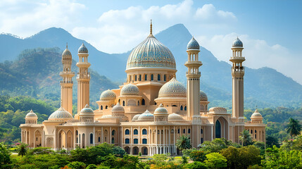 Naklejka premium Majestic mosque, mountain backdrop, sunny day, travel destination