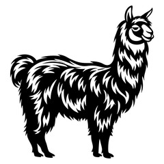 Majestic Llama Silhouette with Intricate Fur Detail in Black and White