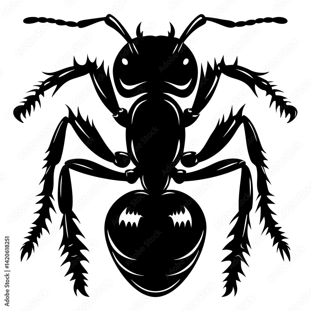 Poster detailed silhouette of an ant with striking sharp features and intricate design