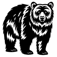 Bold Black and White Illustration of a Standing Bear with Fur Detail