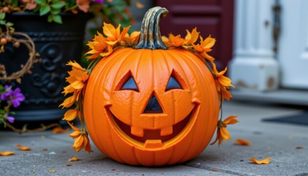 A festive pumpkin adorned with a cheerful smiley face and bright orange decorations, adding a touch of whimsy to Halloween celebrations. - Powered by Adobe