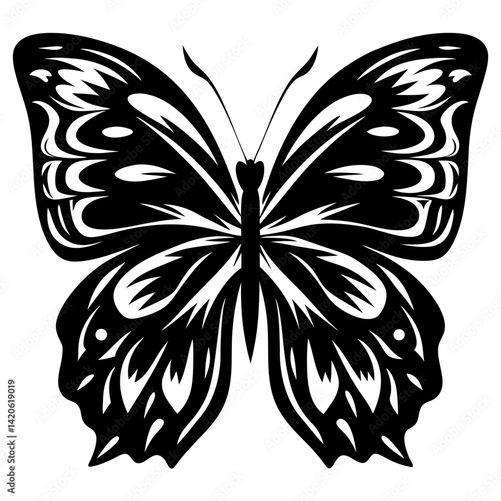 Poster black and white butterfly illustration with intricate wing patterns and sharp edges