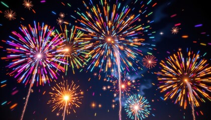 Fototapeta premium Vibrant bursts of colorful lights explode in the night sky, illuminating the darkness with their dazzling display of sparkles and patterns.