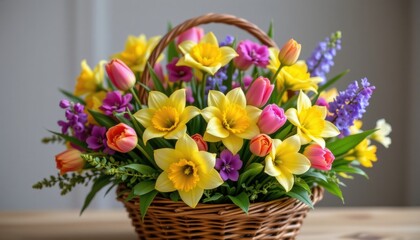 A vibrant bouquet of spring flowers including daffodils, tulips, and hyacinths, beautifully arranged in a rustic wicker basket.