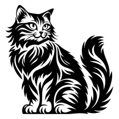 Elegant black and white vector illustration of a stylized long haired cat