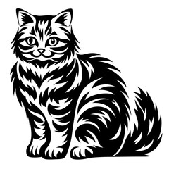 Stylized vector illustration of a longhaired cat sitting in black and white