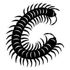 Stylized Silhouette of a Curled Centipede with Many Legs, Black and White