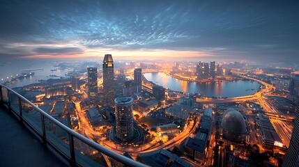 Fototapeta premium Cityscape view at dusk, with bright lights, a river, and a dramatic sky