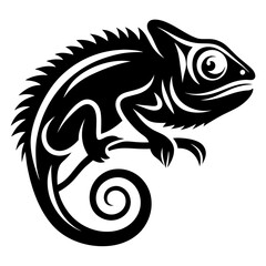 Stylized black and white chameleon with a curled tail and detailed eye