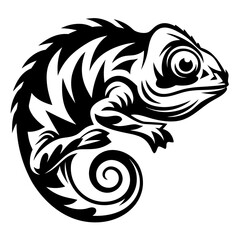 Striking black and white illustration of a tribal style chameleon design