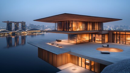 Fototapeta premium Luxurious waterfront modern house, panoramic views, lights on, calm water, cityscape