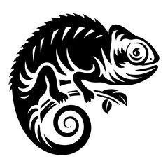 Detailed Black and White Chameleon Illustration Perched on a Twirling Branch Design