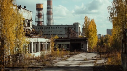 Fototapeta premium Dilapidated Industrial Buildings with Smokestacks in Autumnal Setting
