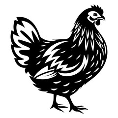 Black and white hen illustration with stylized feathers and bold outlines