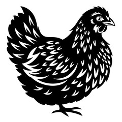 Monochrome Chicken Silhouette Illustration of a Farm Animal with Detailed Feathering