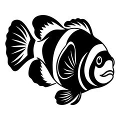 Monochrome depiction of a clownfish in a simplified, graphic novel style illustration