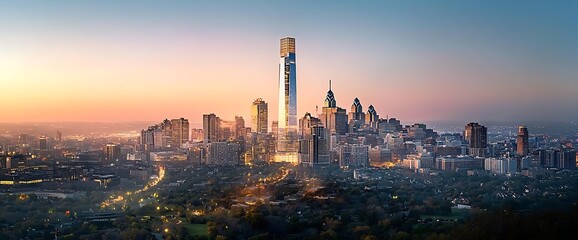 Fototapeta premium Cityscape at dawn towering skyscraper dominates, bathed in golden light over urban sprawl