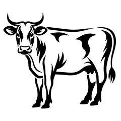 Stylized black and white cow illustration on a white background with horns