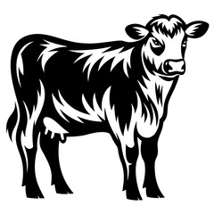 Striking Black and White Illustration of a Young Cow Standing Tall